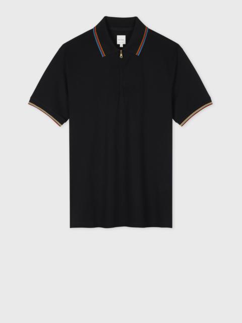 Black Cotton 'Signature Stripe' Trim Zip Polo Shirt