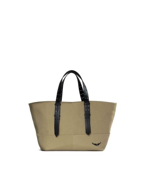 leather-trimmed canvas tote bag