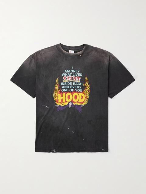 + Neighborhood Distressed Paint-Splattered Printed Cotton-Jersey T-Shirt Gray