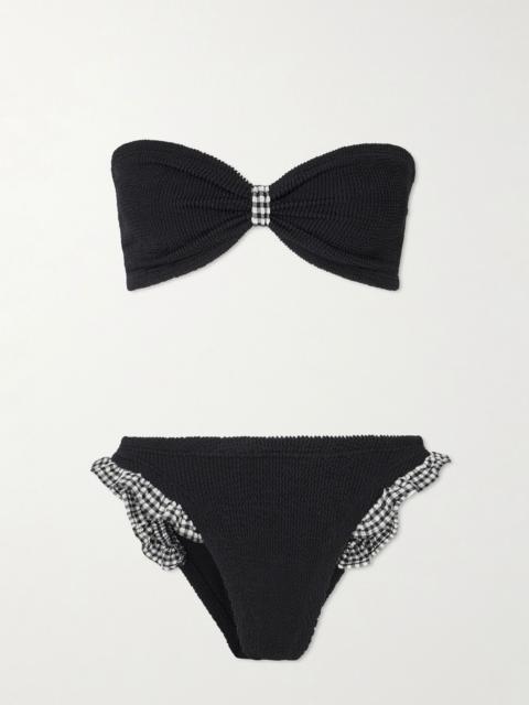 Jean ruffled gingham-trimmed seersucker bandeau bikini Black