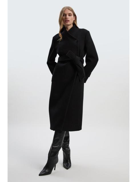 Wool Wrap Neck Tailored Belted Midi Coat