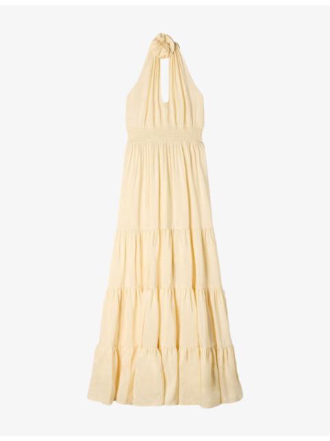 Sleeveless Flower-Embellished Linen-Blend Maxi Dress
