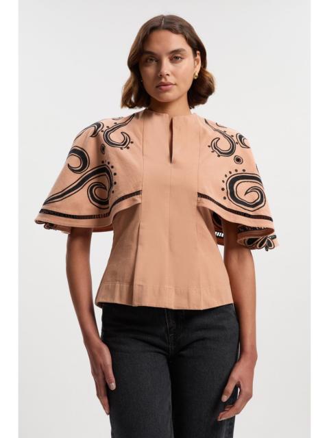 Baroque Embroidered Cape Sleeve Woven Twill Top