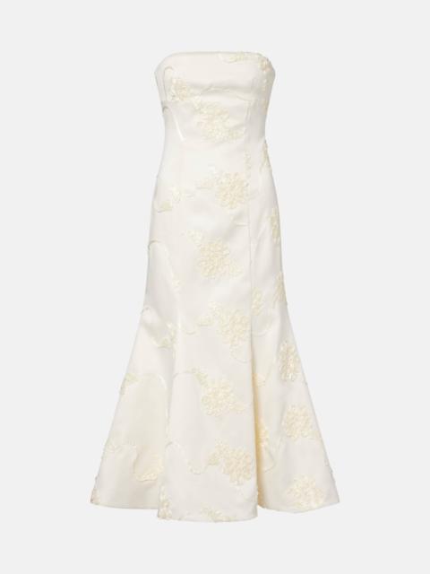 Bridal floral-appliqué satin midi dress