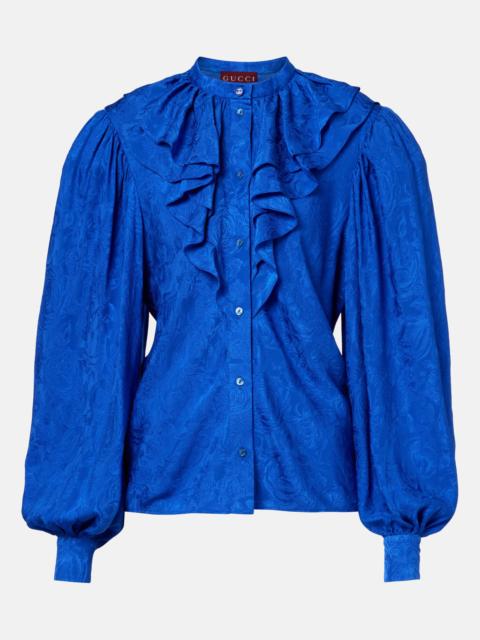 Printed ruffled silk satin shirt
