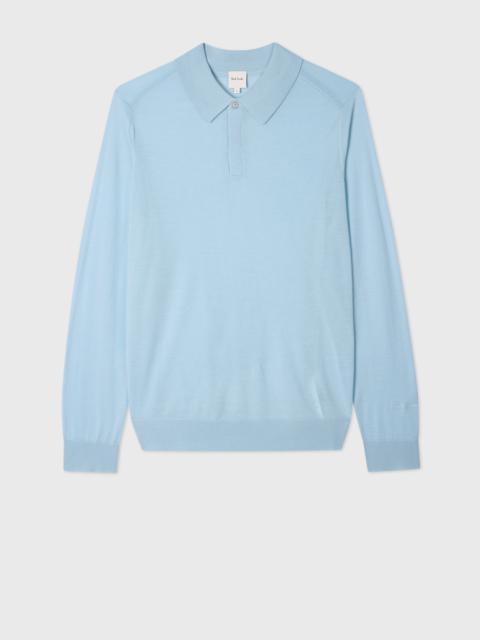 Sky Blue Merino Wool Kntted Long-Sleeve Polo Shirt
