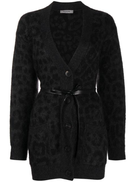 leopard pattern belted V-neck cardigan