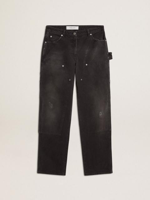 Women's distressed black cotton jeans with front patches