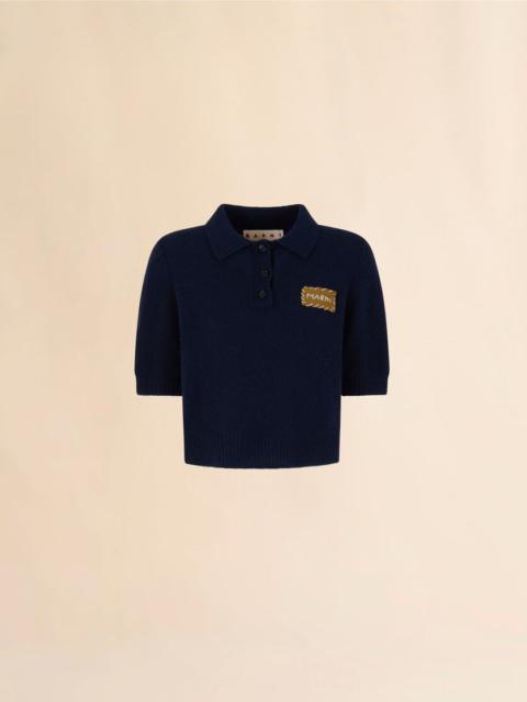 DEEP BLUE CASHMERE POLO SWEATER WITH MARNI APPLIQUÉ