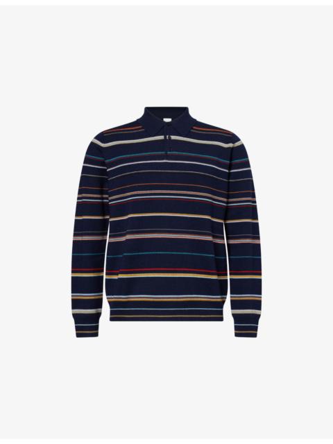 Striped Long-Sleeve Wool Polo Shirt