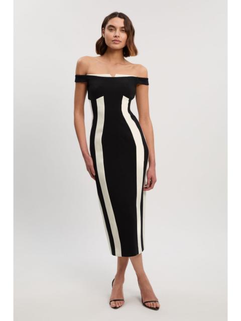 Compact Stretch Colour Block Tailored Bardot Midi Dress