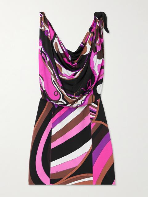 Knotted Draped Printed Satin And Cady Mini Dress