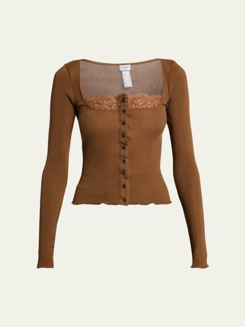 Lace-Trim Button-Front Silk Rib Long-Sleeve Top