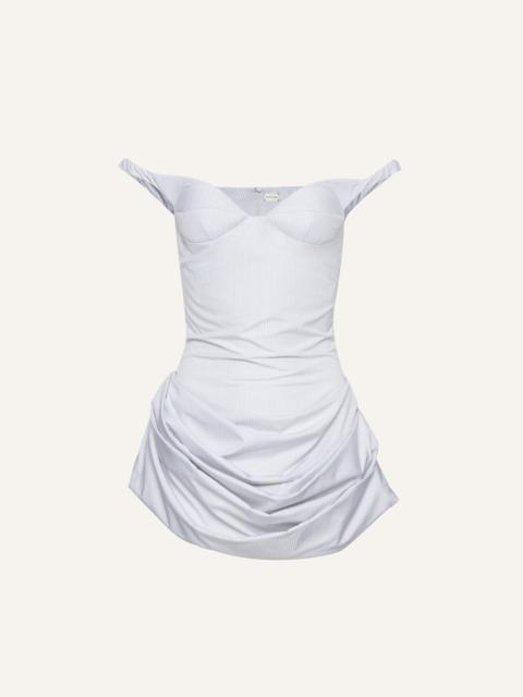 Off shoulder poplin bustier dress in grey stripes