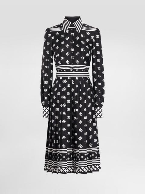 Twill calf-length shirt dress with all-over DG logo scarf print