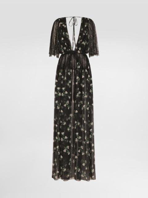 Violets-print chiffon robe dress