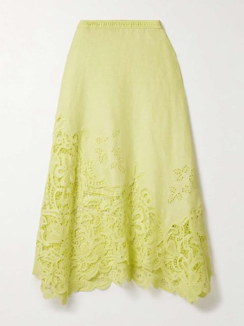 Rae guipure lace-paneled linen midi skirt Chartreuse