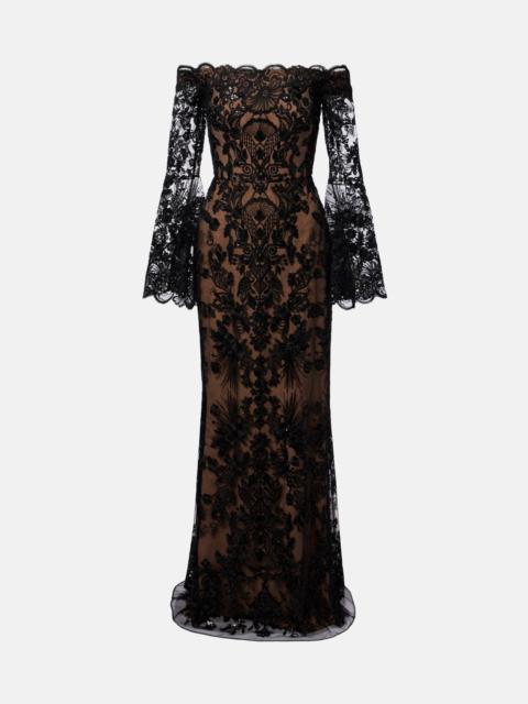 Sequined off-shoulder lace gown