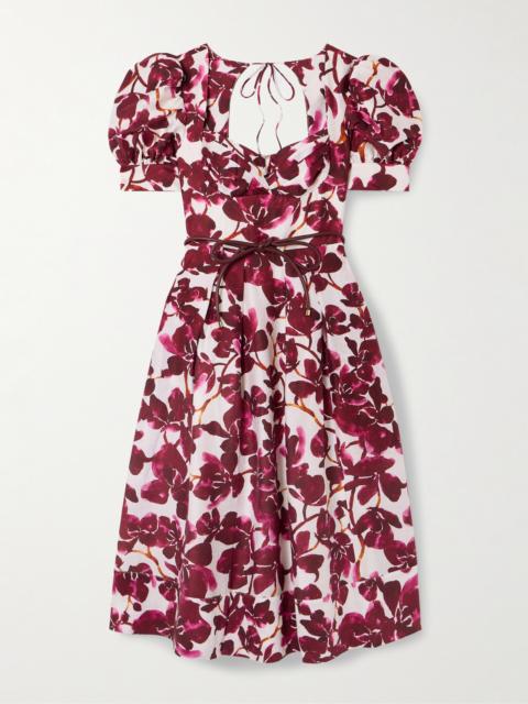 Nerissa Belted Leather-trimmed Floral-print Voile Midi Dress