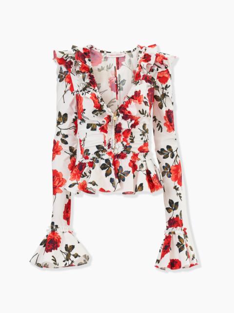Rose-Print Ruched Ruffle Top