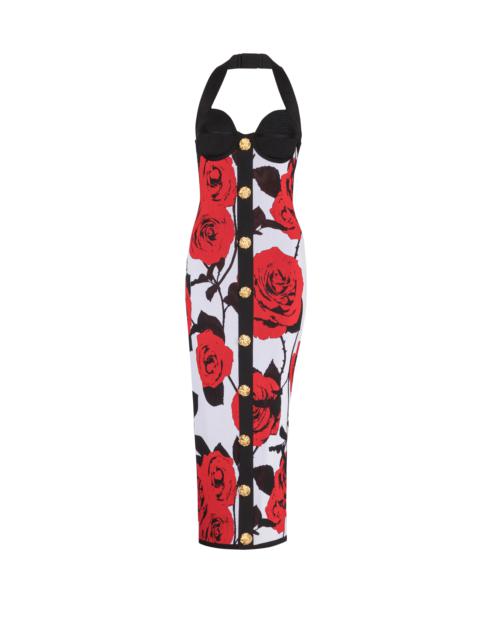 Halterneck dress in Red Roses jacquard knit