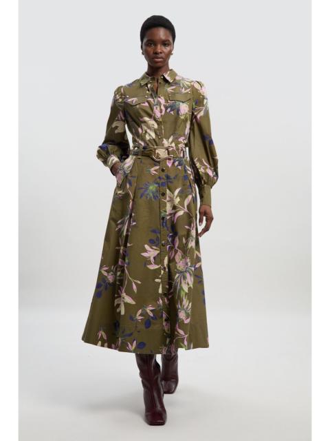 Floral Print Cotton Sateen Woven Belt Detail Midi Skirt