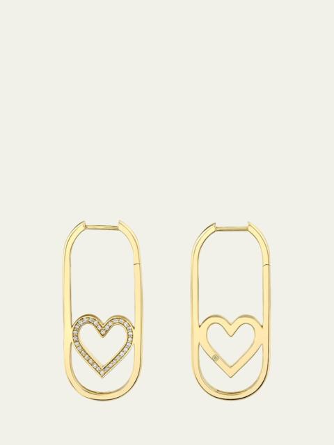 14K Yellow Gold Pave Open Heart Diamond Long Hoop Earrings