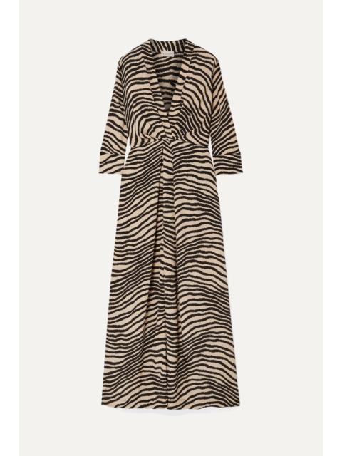 Diya Zebra-print Gathered Crepe De Chine Maxi Dress