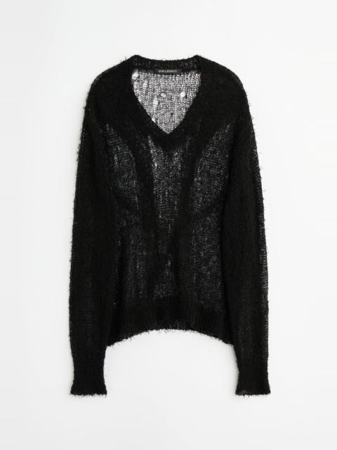 Slow V-Neck Black Ragged Open Linen