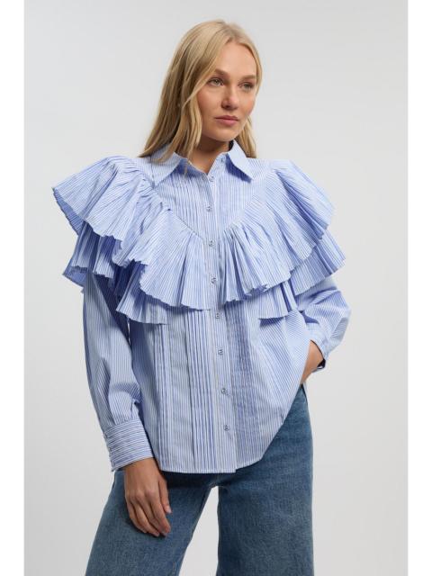 Cotton Poplin Stripe Ruffle Detail Long Sleeve Woven Collared Shirt