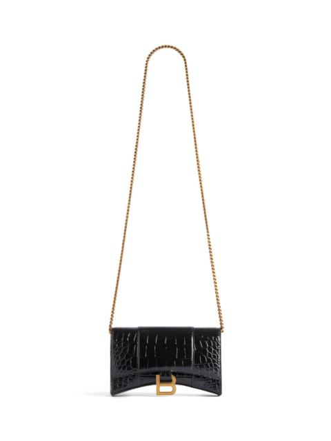 Women's Hourglass Wallet With Chain Crocodile Embossed in Black