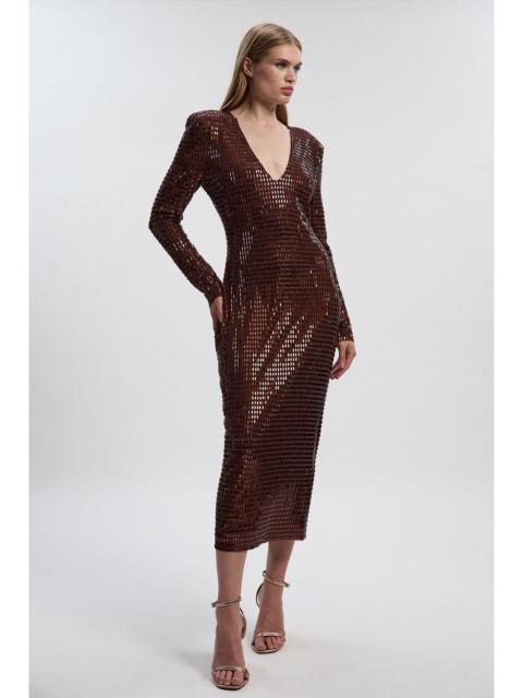 Premium Crystal Embellished Long Sleeve Plunge Neck Midi Dress