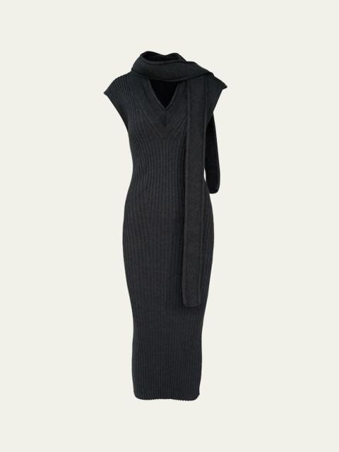 Scarf-Neck Sleeveless Rib Knit Midi Dress