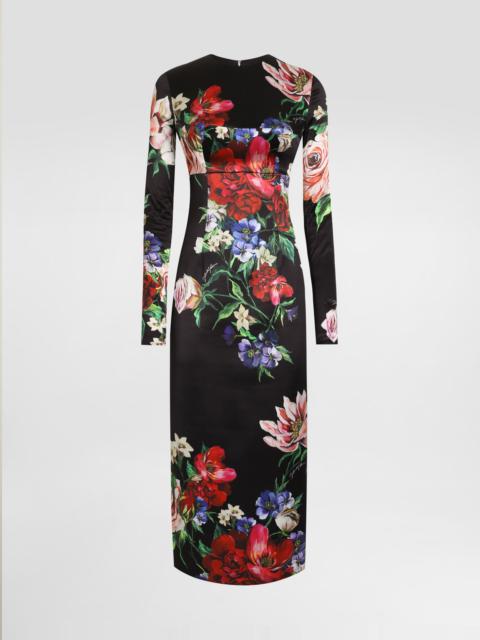 Satin calf-length round-neck dress with floral print