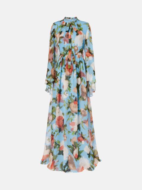 Caped floral silk voile gown
