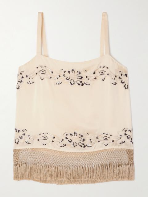Phantasm Fringed Embroidered Silk-satin Camisole
