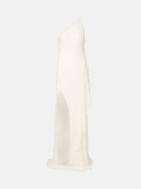 One-shoulder ruffled silk gown