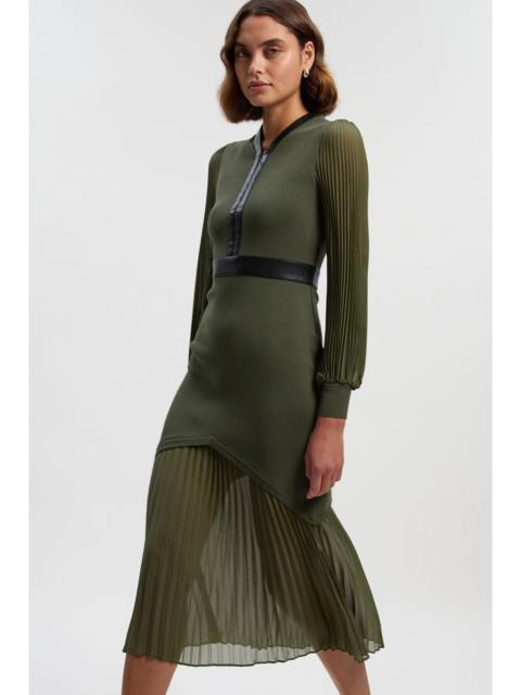 Woven Sleeved Pleated Dress With Pu