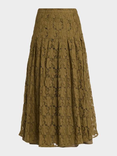 Pleated Floral Lace Midi Skirt