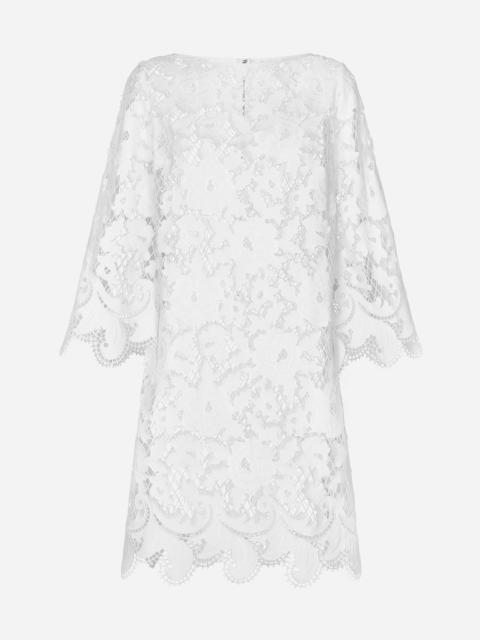 Floaty short cotton dress with floral openwork embroidery