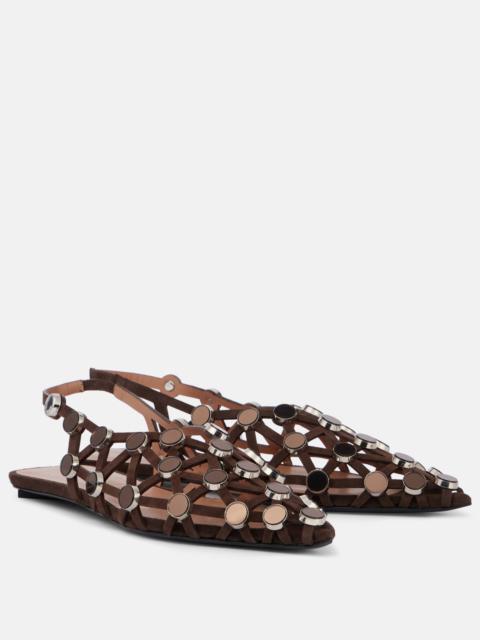 Grid embellished suede slingback flats