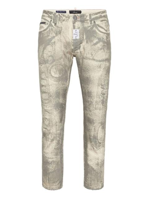 metallic-splatter jeans