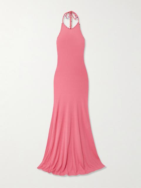 Embellished Cotton-blend Bouclé Halterneck Maxi Dress