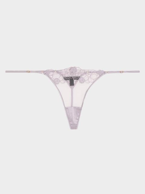 Violet Floral-Embroidered Tulle Thong