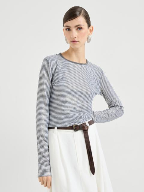 Striped linen lamé jersey top with shiny trim