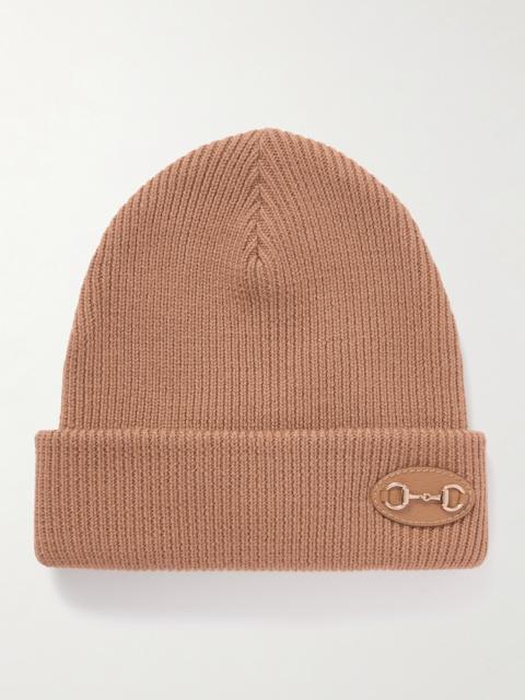 Horsebit-detailed Appliquéd Ribbed Wool Beanie