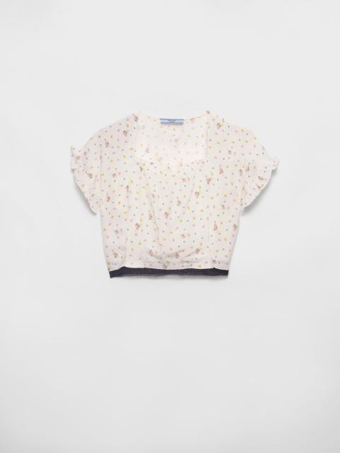 Short-sleeved floral print pongé crop top