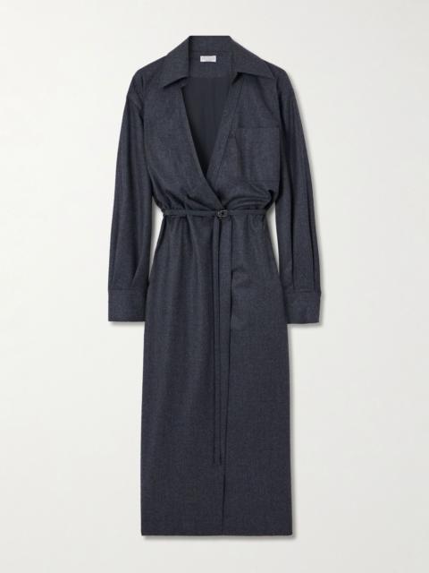 Belted wrap-effect silk midi dress Gray
