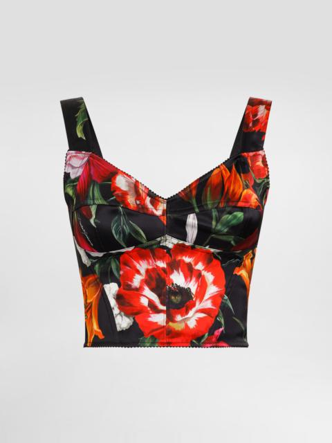 Flower-print satin corset
