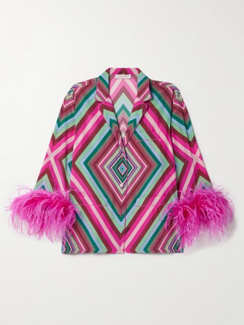 Feather-trimmed Printed Silk Crepe De Chine Shirt